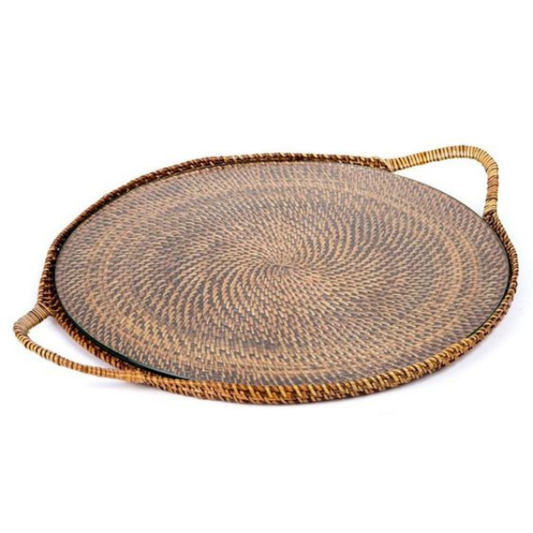 Round Rattan Tray with Glass